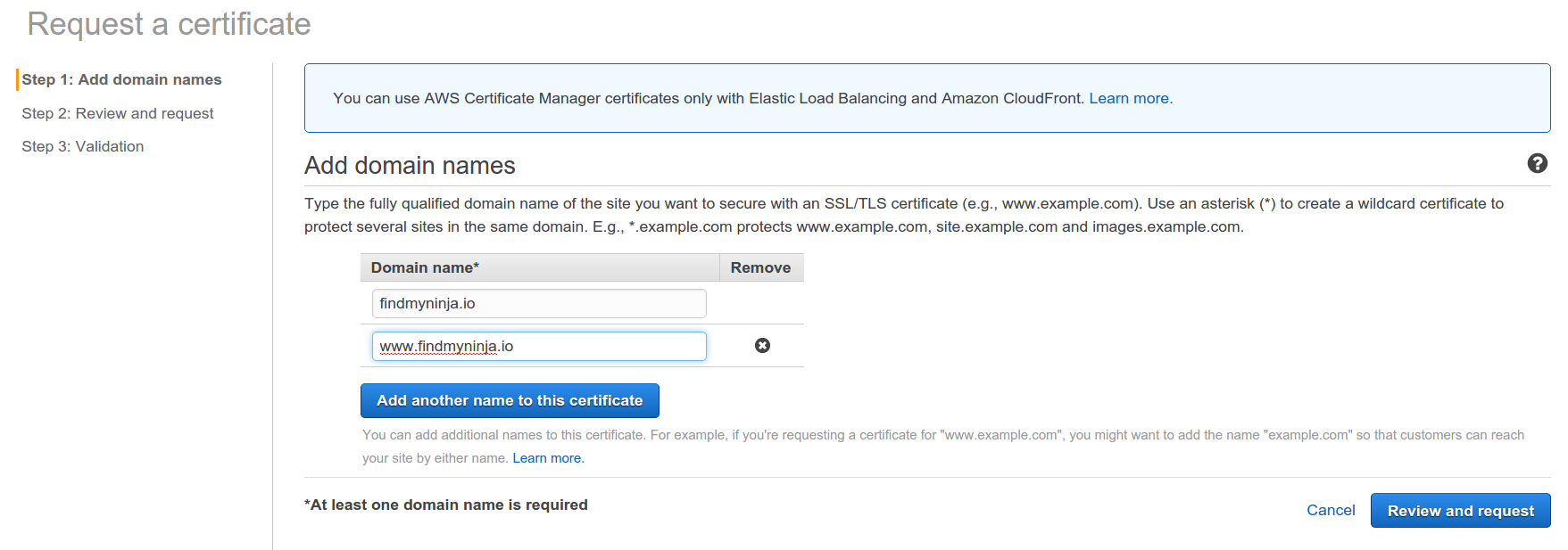 Amazon Certificate Manager Screenshot